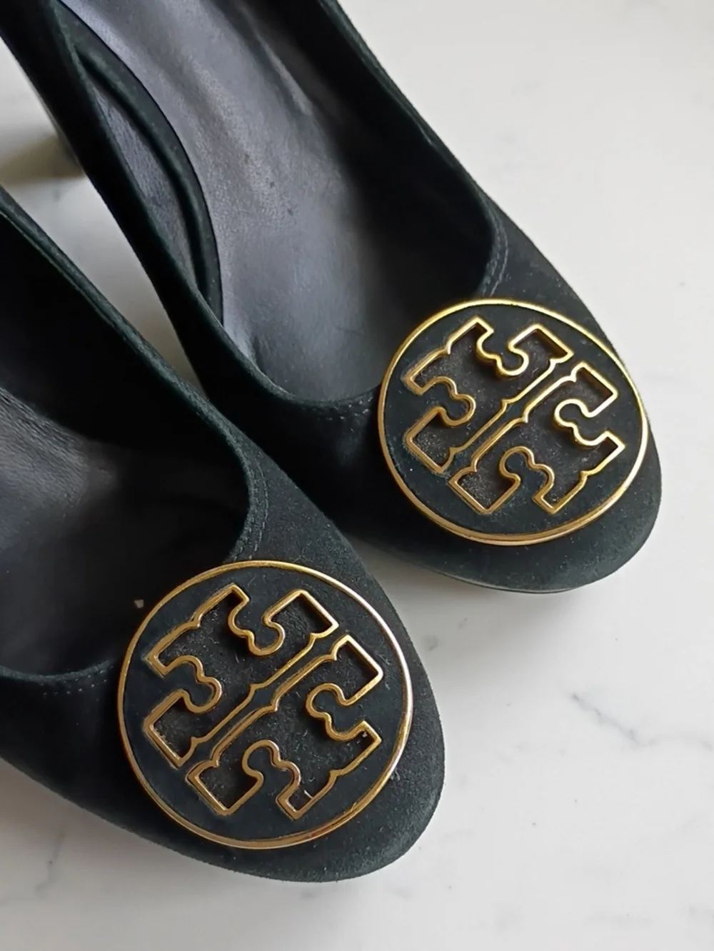 Tory Burch Women's Black Suede Round-Toe Heels with Gold Emblem